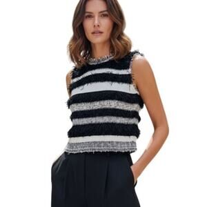 Mara Hoffman Fringe Crop Top Sz S Black White Aztec Striped Fuzzy Boho Chic $295